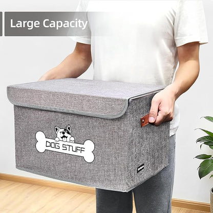 Fabric Dog Toy Box with Lid, Collapsible Storage Bin, Basket Organizer with Handle for Dog Toys, Blankets and Accessories, Grey
