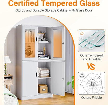Metal Storage Cabinet with Glass Doors, Lockable Office Cabinet, Tall Steel Locker with Adjustable Shelves for Home Office,School, Kitchen and Hospital (White)