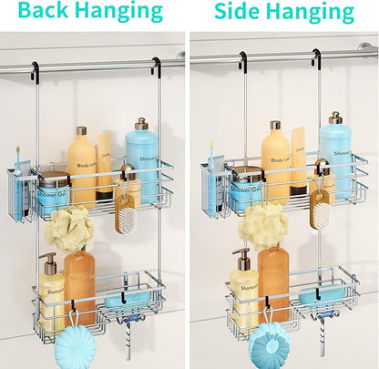 HapiRm Hanging Shower Caddy Organizer - No Drilling Shower Shelves with Hooks and Toothbrush Holder, Rustproof 304 Stainless Steel Bathroom Organizer - Silver