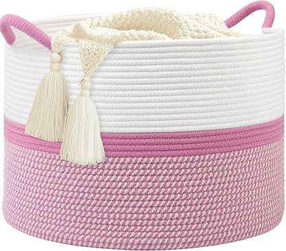 Pink Laundry Basket,20''x13''Woven Cotton Rope Laundry Hamper,Large Blanket Basket for Living Room,Baby Baskets,Kids Toy Storage Basket for Organizing,Woven basket,Clothes Hamper,Room Decor