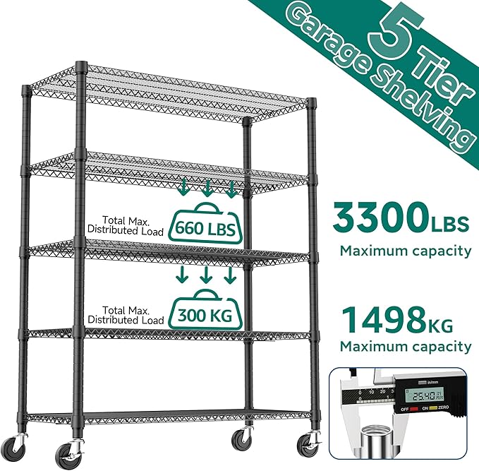 3300LBS 53.1" W 5 Tiers Shelf Steel Storage Shelving Utility Shelving Unit Steel Organizer Wire Rack for Home,Kitchen,Office,Garage Black 23.6" D x 53.1" W x 73.6" H