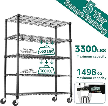 3300LBS 53.1" W 5 Tiers Shelf Steel Storage Shelving Utility Shelving Unit Steel Organizer Wire Rack for Home,Kitchen,Office,Garage Black 23.6" D x 53.1" W x 73.6" H