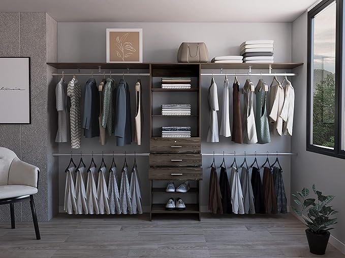 DEPOT E-SHOP Zamora 69"W - 118"W Closet System with Four Hanging Rods, Three Drawers, and Five Shelves, Dark Walnut, Bedroom