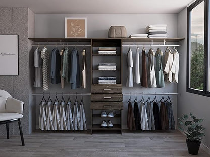 DEPOT E-SHOP Zamora 69"W - 118"W Closet System with Four Hanging Rods, Three Drawers, and Five Shelves, Dark Walnut, Bedroom
