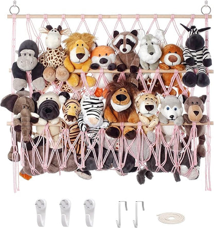 Stuffed Animal Net or Hammock Large Corner Storage for Plushies Stuffed Animals Zoo Wall Hanging Organizer Holder for Net Hammock, Space-Saving Nursery Decor (Pink)