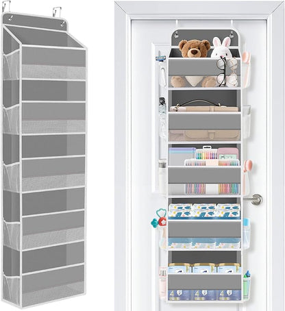 SpaceWhisper Over the Door Organizer, 5 Large Pocket Hanging Storage Organizer with 40lb Capacity, Space Saving for Nursery, Bathroom, Bedroom, Closet - Baby Essentials & Toiletry Organizer (Grey)