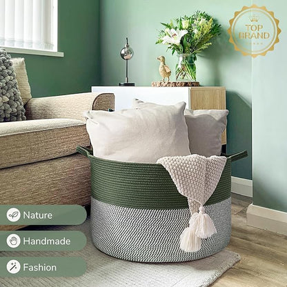 INDRESSME INDRSSME Large Laundry Storage Basket, 21.7 x13. 8 - Decorative Rope Blanket Basket for Organizing Bedroom, Living Room, Nursery, Toy Storage for Colthes Towel, Empty Gift Baskets -Green