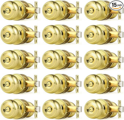 Probrico Polished Brass Door Knobs, Interior Door Knobs with Round Ball Knob, Nickel Privacy Door Knob for Bedroom Bathroom, 15 Pack
