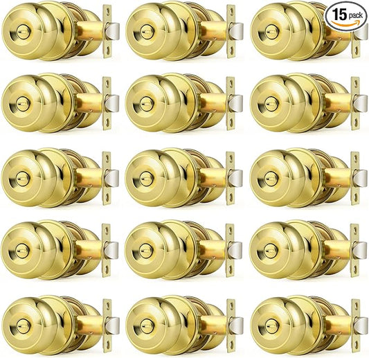 Probrico Polished Brass Door Knobs, Interior Door Knobs with Round Ball Knob, Nickel Privacy Door Knob for Bedroom Bathroom, 15 Pack