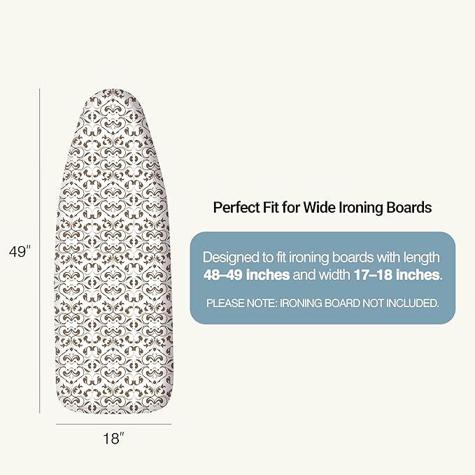 Ironing Board Cover and Pad 18"x49" Extra Thick Natural Cotton, Scorch and Stain Resistant Iron Board Cover,Wide Ironing Board Cover with Fasteners Heavy Duty Heatproof Elastic Edge Taupe