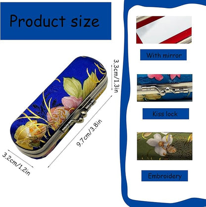 MIAO JIN Lipstick Case with Mirror Lipstick Holder Storage Bag Kiss Lock of Iron Mini Portable Vintage Floral Pattern Jewelry Cosmetic Case (Navy blue)