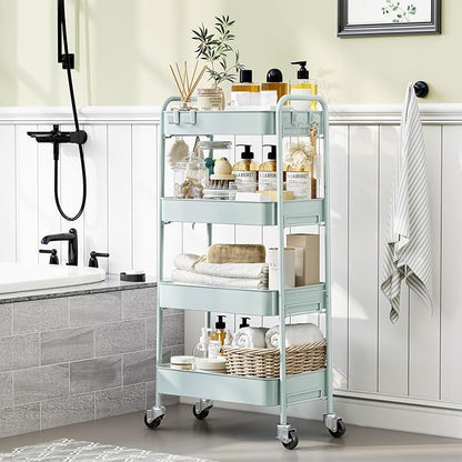 TOOLF 4-Tier Metal Rolling Cart with Wheels, Storage Utility Organizer Cart for Kitchen, Bathroom, Office, Baby Essentials & Makeup - Lockable Casters, Easy Assembly, Large Capacity, Green