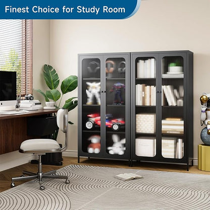 63'' Kitchen Pantry Storage Cabinet, Display Cabinet with Glass Doors and 3 Adjustable Shelves, Metal Kitchen Hutch Storage Cabinet for Dining Room, Living Room (Black)