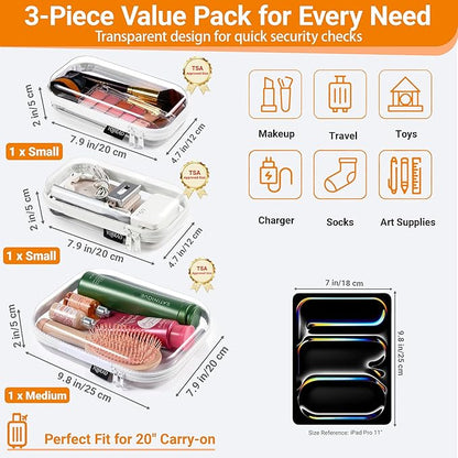 3 Pack Clear Hard Shell Zipper Case - Clear Waterproof Cosmetic Bag with Zipper, Kid's Toy Storage Organizer Bins, Charging Cables, creative journaling, painting brushes, Threads,Sketch Supplies