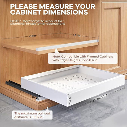 4 Pack Expandable Width (15.15"-26.3") Pull Out Cabinet Organizer 21" Deep with Raising Pad for Framed Cabinets, Upgrade 3 Slide Rails Slide Out Drawers, Roll Out Shelves Adhesive, White