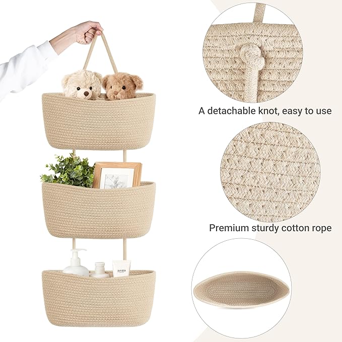 Dahey Over The Door Hanging Basket 3-Tier Woven Boho Wall Mounted Storage Organizer with Hooks for Bedroom Nursery Bathroom Apartments Dorm Pantry Decor, Jute