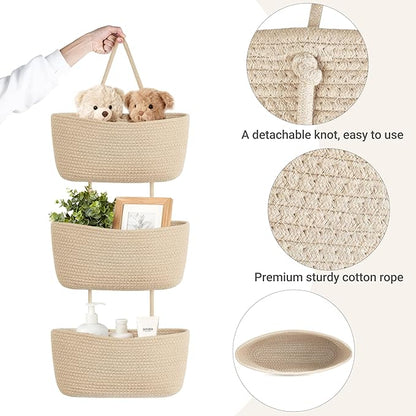 Dahey Over The Door Hanging Basket 3-Tier Woven Boho Wall Mounted Storage Organizer with Hooks for Bedroom Nursery Bathroom Apartments Dorm Pantry Decor, Jute