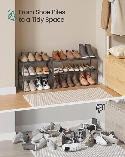 SONGMICS Shoe Rack, 2-Tier Shoe Organizer, Metal Storage Shelf, Upright or Upside Down, for 6-9 Pairs, Stackable, for Entryway, 11.8 x 26.8 x 14.6 Inches, Black ULSA202B01