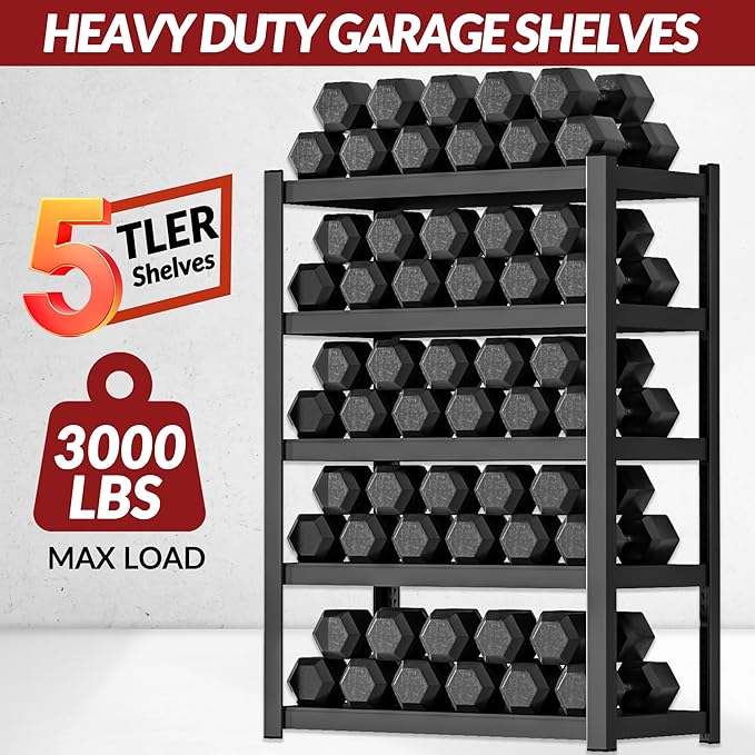 Shelving Units and Storage, 3000LBS Garage Storage Shelves, 5 Tier Shelving Unit, Steel Industrial Shelving, Adjustable Standing Shelf for Garage, Home, Warehouse 71" H x 47" W x 20" D, Black