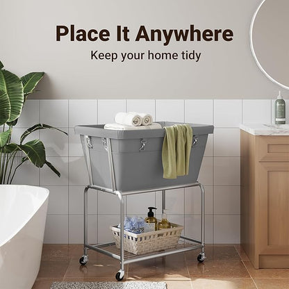 ELYKEN Rolling Laundry Hamper with Wheels, 32-Gallon (122L) Laundry Cart with Removable Bag, 2-Tier Clothes Basket Hamper with Shelf for Closet, Bedroom, Bathroom, Laundry Room, Gray