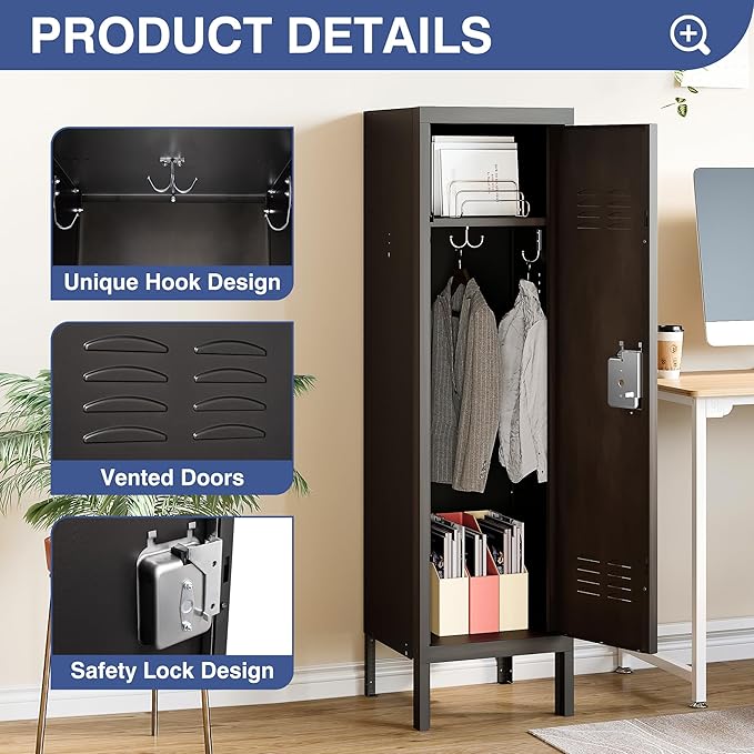 Metal Storage Locker, Lockable Employees Metal Locker with Door, 55" Height Steel Locker for Home, School, Office, Gym (Retro Black)