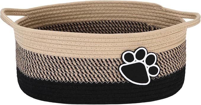 Sea Team Pet Toy Storage Basket with Handles, 16.5 x 11 x 7 Inches, 4.4 Gallons Large Cotton Rope Storage Bin, Shelf Basket, Organizer for Cat, Dog Chew Toys, Foods, Flaxen & Black Paws