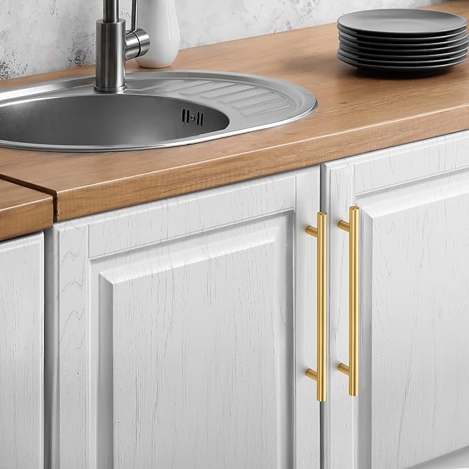 JOY DECOR 30 Pack Cabinet Handles, Gold Cabinet Pulls, 7-1/2 in Hole Center Kitchen Cabinet Handles, Stainless Steel T Bar Handles for Dresser Drawers