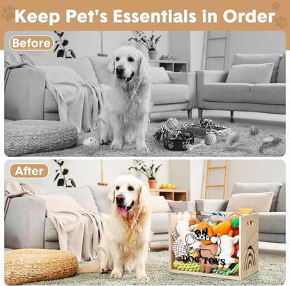 Large Dog Toy Basket Dog Toy Box Wooden Storage Bin with Acrylic Board Storage Box for Puppy Toys Pet Food and Accessories Organizer Holder Basket for Living Room Area(Wood, Dog)