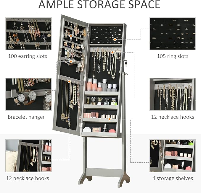 HOMCOM Floor Standing Jewelry Cabinet, Lockable Jewelry Organizer with Full-Length Mirror, and 3 Adjustable Angles, Grey