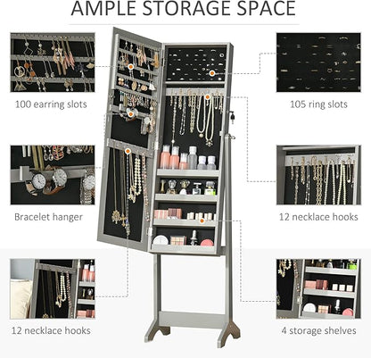 HOMCOM Floor Standing Jewelry Cabinet, Lockable Jewelry Organizer with Full-Length Mirror, and 3 Adjustable Angles, Grey