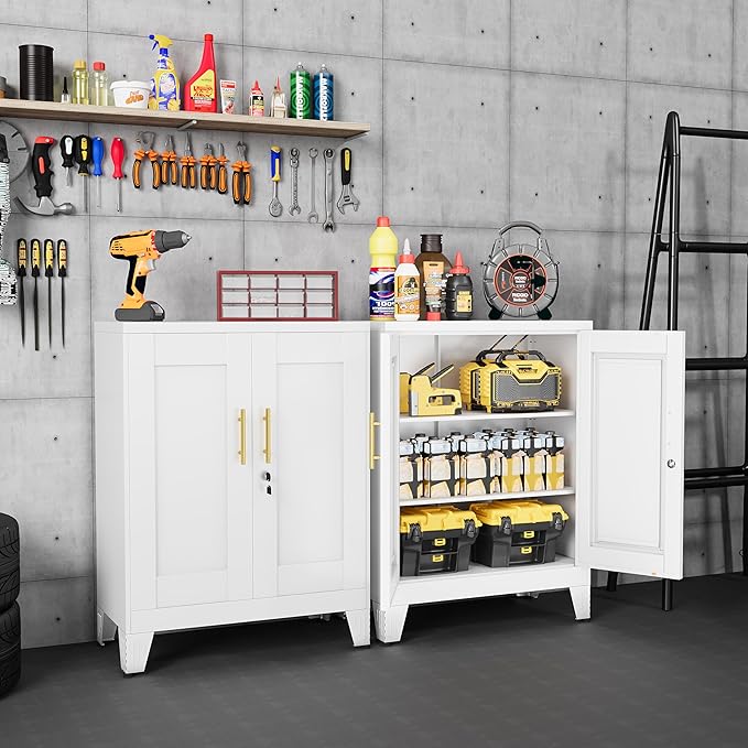 36" Metal Floor Storage Cabinet, Locked Steel Storage Cabinets with 2 Doors and 2 Adjustable Shelves, White Kitchen Cabinet, Freestanding Cabinet for Home/Office/Garage/Tool Room/Bathroom