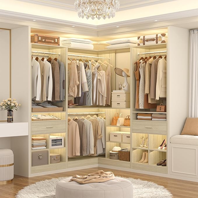 Unikito 86" Corner Closet System, Modular Closets Organizer with 4 Hanging Rods and 2 Drawers, Freestanding Adjustable Wood Clothes Garment Rack with Storage Shelves, White Oak