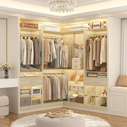 Unikito 86" Corner Closet System, Modular Closets Organizer with 4 Hanging Rods and 2 Drawers, Freestanding Adjustable Wood Clothes Garment Rack with Storage Shelves, White Oak