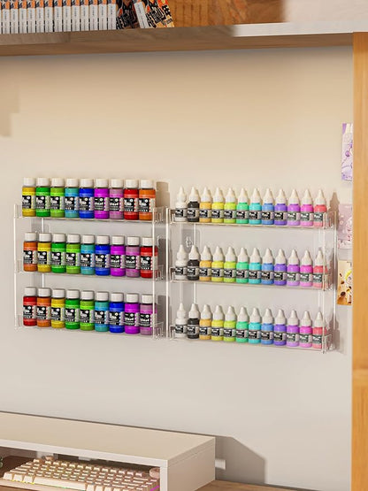3 Tier Display Rack, Clear Paint Rack Wall-Mount (No Drill), Acrylic Craft Paint Storage Organizer, Miniature Holder for 2oz Bottle, Nail Polish Organizer, Badges, Mini Figures (1)