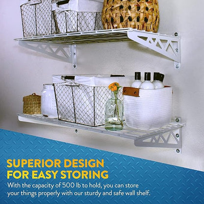 MonsterRax | Garage Wall Shelf Two-Pack White or Hammertone | Three Size Options | Includes Bike Hooks | 300lb Weight Capacity (White, 12''x36'') MR-WS1 12x36-W