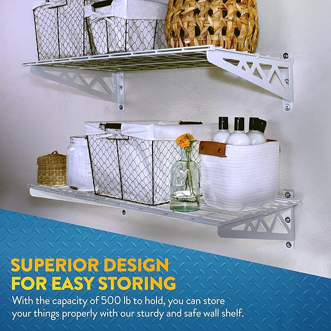 MonsterRax | Garage Wall Shelf Two-Pack White or Hammertone | Three Size Options | Includes Bike Hooks | 500lb Weight Capacity (White, 24"x48")