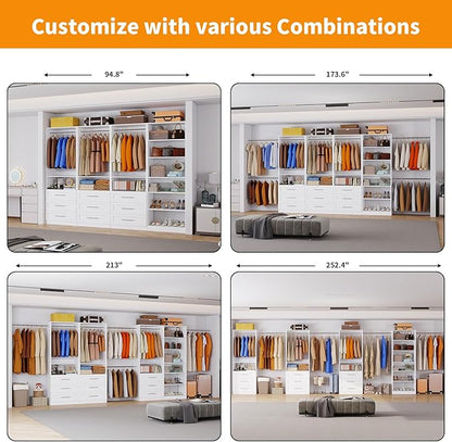Closet System with 4 Sets, 8FT Closet Organizer Systems with 9 Wooden Drawers 9 Shelves & 5 Hanging Rods, Walk in Closet freestanding Small Corner Modular Closet Storage System White (8FT)
