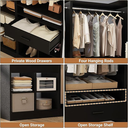 Unikito 86" Corner Closet System, Modular Closets Organizer with 4 Hanging Rods and 2 Drawers, Freestanding Adjustable Wood Clothes Garment Rack with Storage Shelves, Black