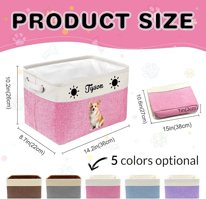 Personalized Dog Toy Basket with Name Photo Custom Dog Food Storage Bins Collapsible Organizer for Toys Dolls Clothing-Purple
