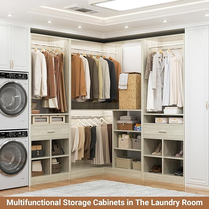 Unikito 86" Corner Closet System, Modular Closets Organizer with 4 Hanging Rods and 2 Drawers, Freestanding Adjustable Wood Clothes Garment Rack with Storage Shelves, White Oak