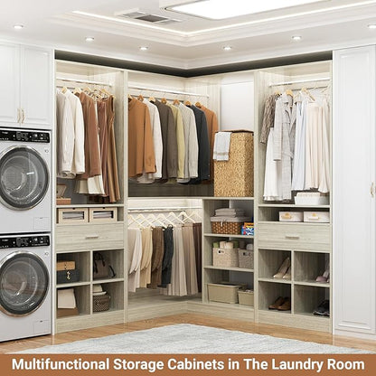 Unikito 86" Corner Closet System, Modular Closets Organizer with 4 Hanging Rods and 2 Drawers, Freestanding Adjustable Wood Clothes Garment Rack with Storage Shelves, White Oak