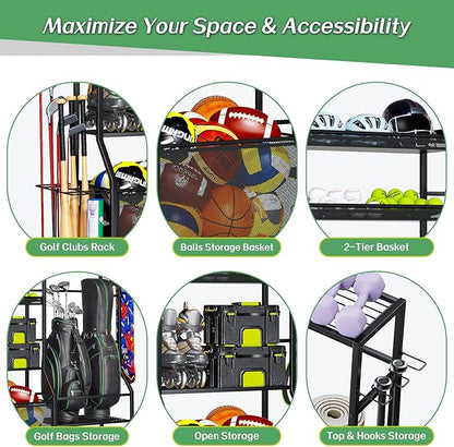 Large Sports Organizer for Garage, Ball Storage Rack Garage Sports Equipment Organizer with Side Racks, Baskets, Hooks, Multi-Purpose Golf Gear Storage for Gym Indoor Outdoor