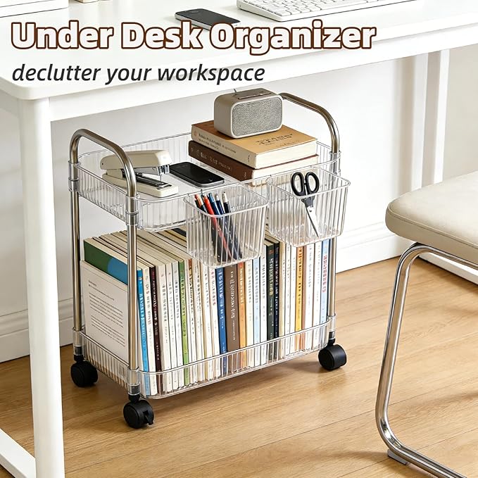 2 Tier Utility Rolling Cart with Wheels Sofa Side Table Small Under Desk Storage Organizer Plastic Mobile Trolley Organization Storage Cart for Kitchen Pantry Bathroom, Transparent