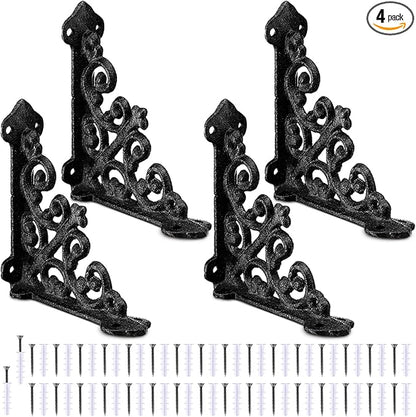 Blulu 4 Pack Antique Style Cast Iron Shelf Brackets Decorative Brackets 3 7/8" x 3 7/8" Wall Mount Shelving Bracket Heavy Duty Victorian Style Shelf(Black)