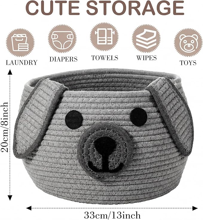 Zopeal Dog Woven Basket Cute Woven Cotton Rope Puppy Animal Storage Basket for Laundry Toy Gift(Gray,13 x 8 Inch)