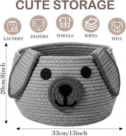 Zopeal Dog Woven Basket Cute Woven Cotton Rope Puppy Animal Storage Basket for Laundry Toy Gift(Gray,13 x 8 Inch)