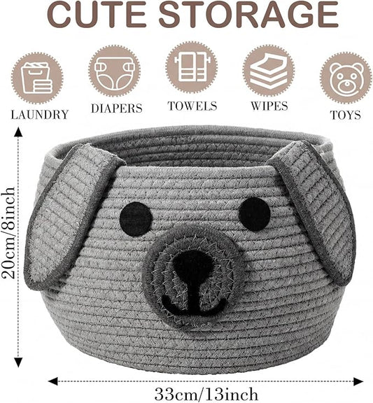Zopeal Dog Woven Basket Cute Woven Cotton Rope Puppy Animal Storage Basket for Laundry Toy Gift(Gray,13 x 8 Inch)