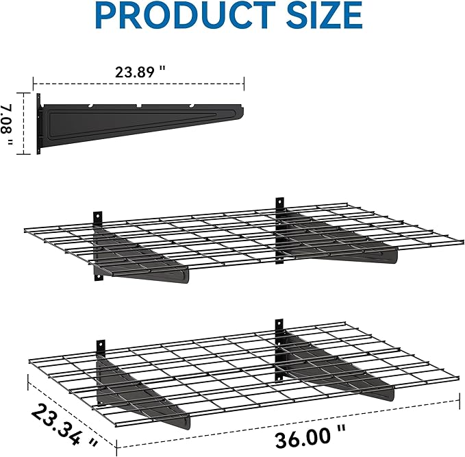2-Pack 2x3ft Garage Wall Shelving, 24"x36" Shelf Storage Rack Floating Shelves Wall Mounted, Heavy Duty Storage Shelves, 800lbs Load Capacity, with 8 Hooks for Garage Organization, Black