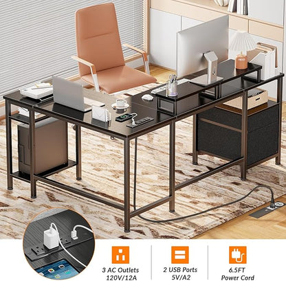 Furologee 59” L Shaped Desk with Power Outlet, Reversible Computer Desk with File Drawer & 2 Monitor Stands, Corner Home Office Table with Storage Shelves for Gaming Writing, Black