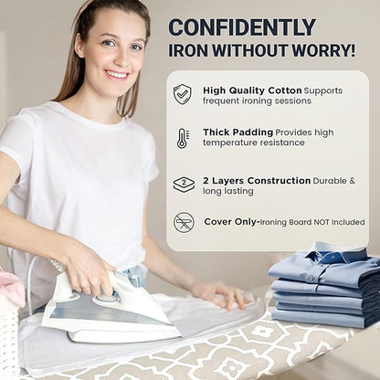Ironing Board Cover and Pad 18"x49" Extra Thick Natural Cotton, Scorch and Stain Resistant Iron Board Cover, Wide Ironing Board Cover with Fasteners Heavy Duty Heatproof Elastic Edge Geometric